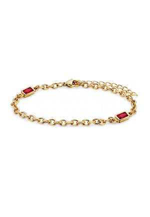 Gold chain bracelet with two rectangular red gemstones set in gold, linked by oval chain loops, and a lobster clasp closure.
