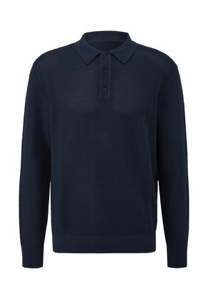 Pull-over en laine marine avec un tricot texturé, un col et une patte de boutonnage à trois boutons. Il possède des manches longues ainsi que des bords-côtes aux poignets et à l'ourlet.