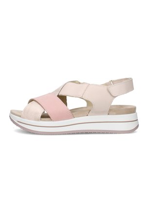 Sandalo da donna beige e rosa con soletta imbottita, cinturino regolabile alla caviglia, punta aperta e suola bianca spessa con suola scolpita.