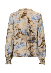 Hosszú ujjú ing könnyű, texturált anyagból, kék és barna batikolt mintával, gumírozott mandzsettákkal és hátul redőzéssel.