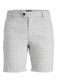 Shorts ajustés à carreaux gris clair avec ourlets à retrousser, fermeture à bouton et passants de ceinture.