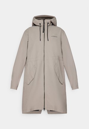 Light beige waterproof coat with a hood, featuring a front zip closure, two side pockets, and adjustable drawstrings at the neck.