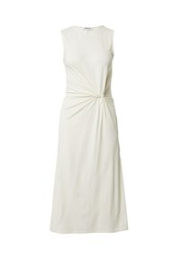 Robe midi sans manches de couleur blanc cassé avec un col rond, présentant un détail de nœud torsadé à la taille.