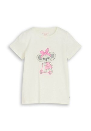 Weißes Kleinkind-T-Shirt mit einem Cartoon-Koala-Mädchen, das ein pinkes Kleid und ein Stirnband trägt und vorne einen pinken Roller fährt.