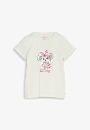 Weißes Kleinkind-T-Shirt mit einem Cartoon-Koala-Mädchen, das ein pinkes Kleid und ein Stirnband trägt und vorne einen pinken Roller fährt.