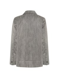 Gray blazer with a textured fabric, featuring a notched collar, long sleeves, and button cuffs. The back is plain with no embellishments.