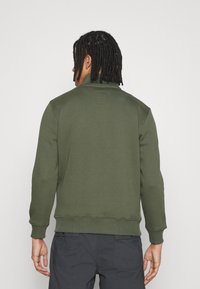 Felpa verde in cotone con scollo rotondo, polsini e orlo a coste, e una piccola etichetta con logo sul retro. Tessuto morbido.