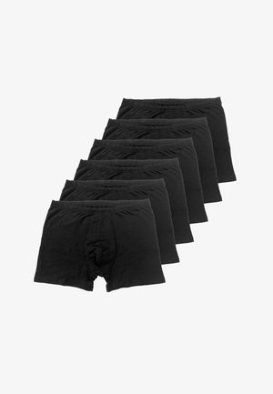 Set di boxer in cotone nero, caratterizzati da una texture morbida, una cintura elastica e un design tradizionale. Sei paia disposti in fila.