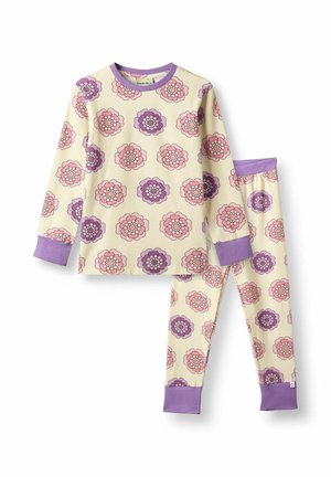 Set de pijama cu mânecă lungă în crem, cu un model floral în roz și violet, având mansete și talie violet. Material moale din bumbac.