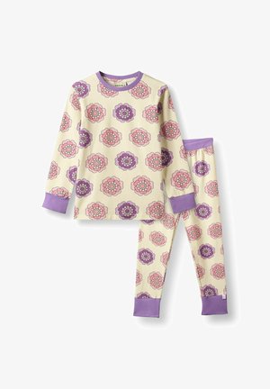 Ilgomis rankovėmis pižamos komplektas kreminės spalvos su rožinės ir violetinės spalvų gėlių raštais, su violetiniais rankogaliais ir juosmeniu. Minkšta medvilnės medžiaga.