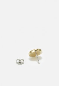 Pendientes de metal dorado con diseño redondo y acabado pulido, combinados con un cierre de mariposa de plata. Textura suave y forma elegante.