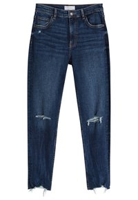 Jeans de mezclilla de un azul oscuro con un corte ajustado, detalles desgastados con dobladillos deshilachados y diseño clásico de cinco bolsillos.