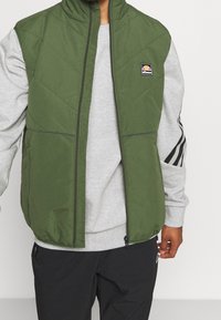 Gilet imbottito verde con colletto alto e chiusura con zip. Presenta due tasche anteriori e un piccolo logo sulla parte sinistra del petto. Indossato sopra un felpa grigia.
