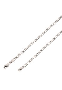 Sølvfarvet metal kæde med sammenkoblede led, der har to spænder i hver ende til fastgøring. Glat tekstur hele vejen igennem.