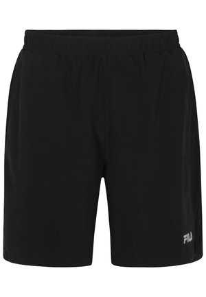 Pantalones cortos deportivos negros con una cinturilla elástica, bolsillos laterales y una textura suave. Presenta un pequeño logo blanco de FILA en la parte inferior derecha.