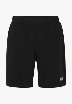 Mustat urheilushortsit, joissa on joustava vyötärö, sivutaskut ja sileä pinta. Alhaalla oikealla puolella on pieni valkoinen FILA-logo.
