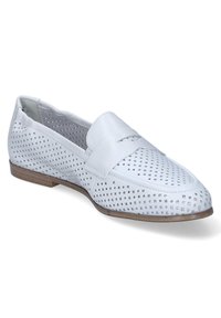 White perforated leather loafers with a flat sole, featuring a simple strap and a smooth finish, designed for breathability and comfort.