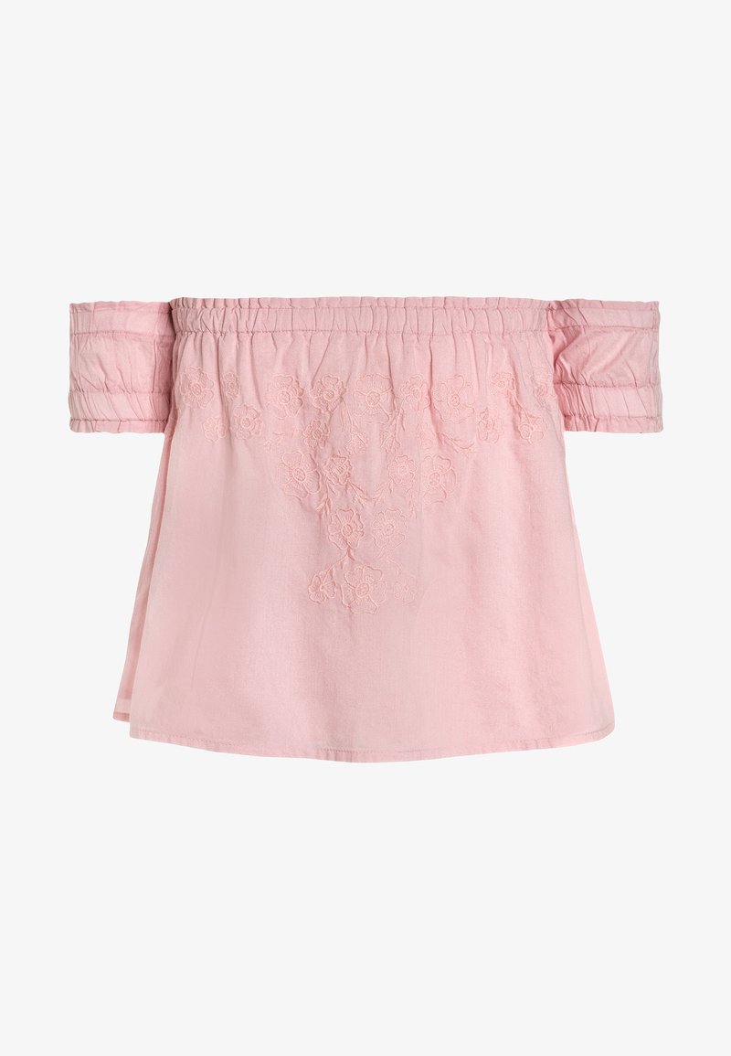 Blouse rose clair à épaules dénudées avec encolure et manches élastiques, ornée d'une broderie florale subtile sur le devant.