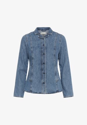 Kék farmer hosszú ujjú kabát gombos elejjel, két oldalzsebbel és kis gallérral, fehér háttéren bemutatva.