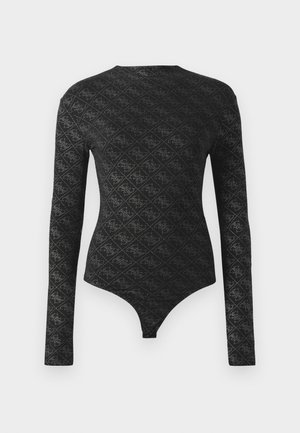 Bodysuit negro de manga larga ajustado con un patrón de diamantes y pequeñas flores, que presenta un escote redondo y fondo tipo tanga.