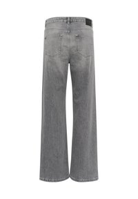 Jeans in denim grigio a gamba larga con vita alta, caratterizzati da un classico design a cinque tasche e da un patch in pelle del marchio sulla cintura posteriore.