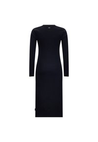 Schwarz geripptes langärmliges Kleid. Es verfügt über eine taillierte Silhouette und einen Rundhalsausschnitt, mit einem geraden Rock, der bis zur Mitte der Wade reicht.