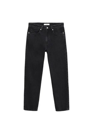 Jeans en denim noir à coupe droite, cinq poches, passants de ceinture et finitions en métal argenté. Présente un léger délavage et un design classique.