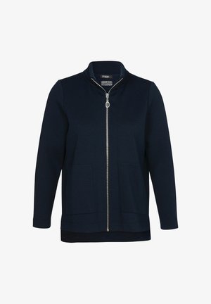 Marineblauw jack met lange mouwen en rits, voorzien van twee zakken aan de voorkant, een hoge kraag en een zilverkleurige ritsluiting.