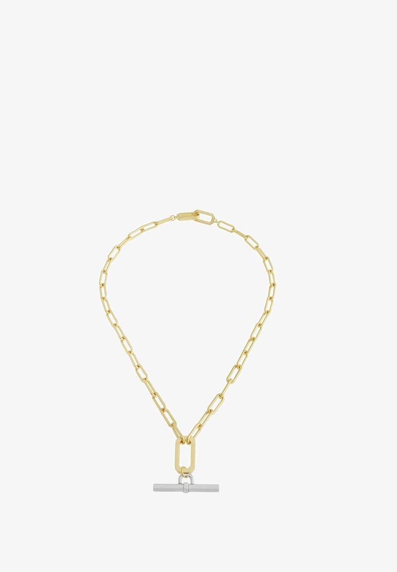 Collier chaîne en or avec des maillons rectangulaires et un fermoir barre basculante en argent suspendu à un grand maillon central.