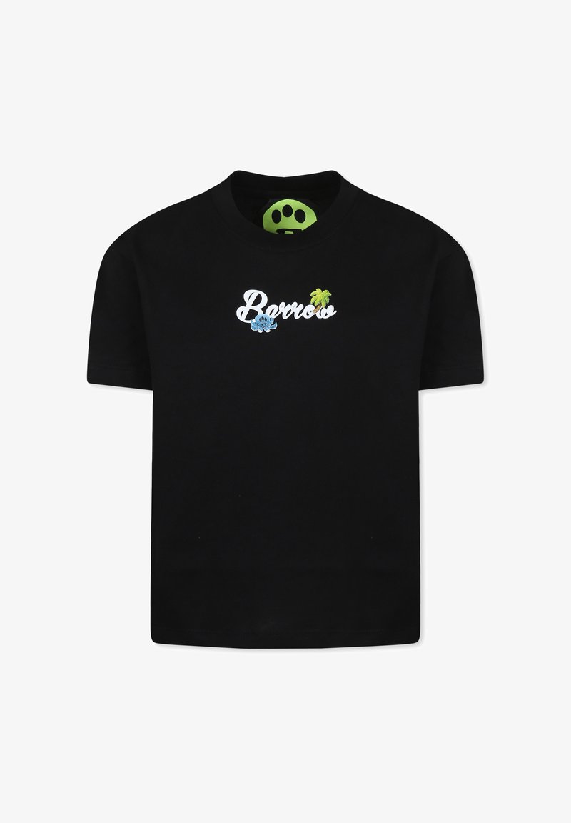 T-shirt in cotone nero con logo ricamato bianco "Barrow" e design colorati di palme e polpi sul petto. Maniche corte.