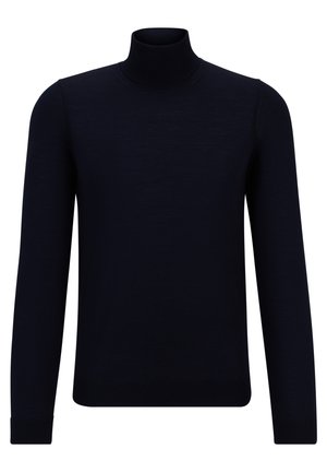 Dark navy turtleneck sweater made of fine knit fabric, featuring long sleeves and a fitted, high neckline. No visible patterns or accents.
