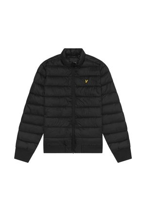 Giacca trapuntata nera con collo alto, zip frontale, polsini a costine e piccolo logo giallo ricamato sul petto a sinistra.