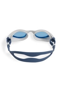 Gafas de natación Arena con lentes tintados en azul, marco blanco y correa ajustable en azul marino con el logo de la marca. Textura suave, diseño aerodinámico.