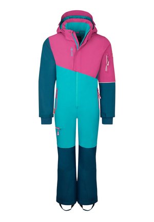 Multicolored one-piece ski suit featuring pink, turquoise, and navy sections. Includes a hood, zippers, and reinforced fabric.