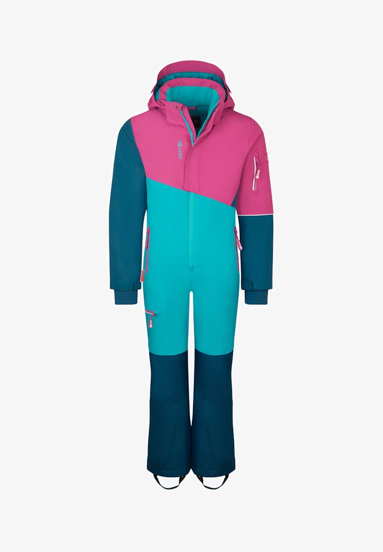 Mehrfarbiger Einteiler-Skianzug mit pinken, türkisfarbenen und navyblauen Abschnitten. Enthält eine Kapuze, Reißverschlüsse und verstärkten Stoff.