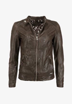 Braune Lederjacke mit taillierter Passform, Reißverschluss vorn und vorderen Taschen. Das Innere hat ein Blumendesign. Glatte Textur.