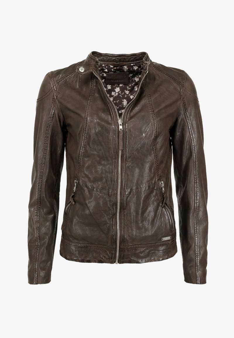 Braune Lederjacke mit taillierter Passform, Reißverschluss vorn und vorderen Taschen. Das Innere hat ein Blumendesign. Glatte Textur.