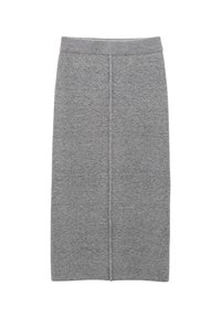 Grauer Strick-Bleistiftrock mit figurbetonter Silhouette, elastischem Bund und einer mittleren Naht, die vertikal über die Vorderseite läuft.