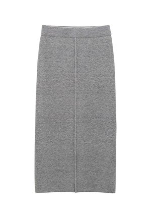 Gray knit pencil skirt featuring a fitted silhouette, elastic waistband, and a center seam detail running vertically down the front.