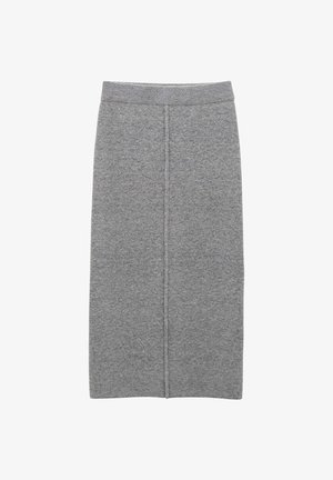 Gray knit pencil skirt featuring a fitted silhouette, elastic waistband, and a center seam detail running vertically down the front.