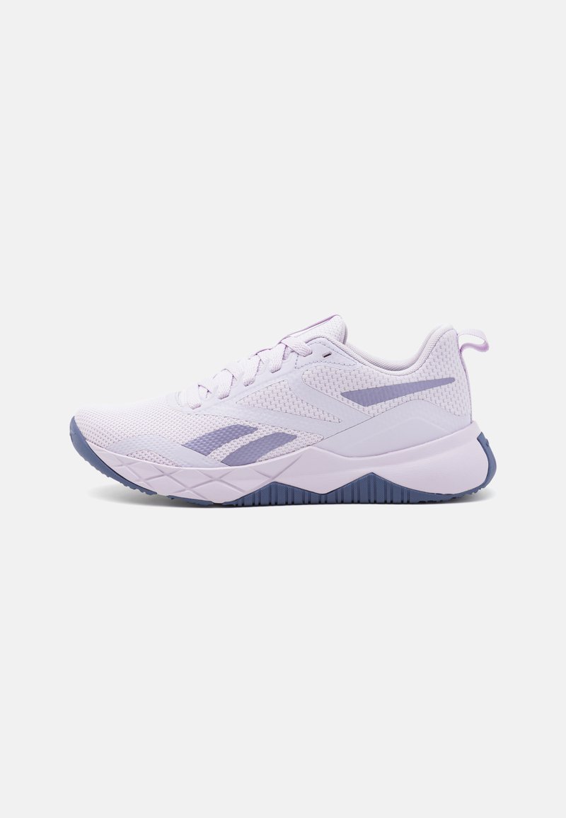 Light purple athletic shoe with a mesh upper, textured accents, and a supportive sole featuring a geometric pattern in darker purple.
