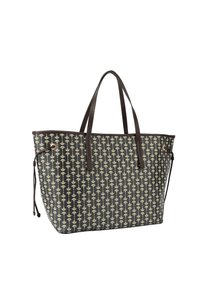 Borsa tote grande con uno sfondo nero, decorata con un motivo floreale ripetuto in crema, dotata di manici e dettagli in pelle marrone.