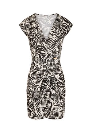 Zwart-witte wikkeljurk met korte mouwen, V-hals en tropisch bladpatroon, voorzien van een ceintuur die in de taille kan worden gestrikt.