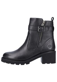 Black leather ankle boots with a textured finish, featuring a side zipper, buckle accent, and block heel. Durable rubber sole with traction grooves.