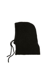 Beanie tricotat negru cu textură în dungi, având dou�ă legături lungi pe lateral pentru un ajustaj personalizat. Design simplu, elegant.