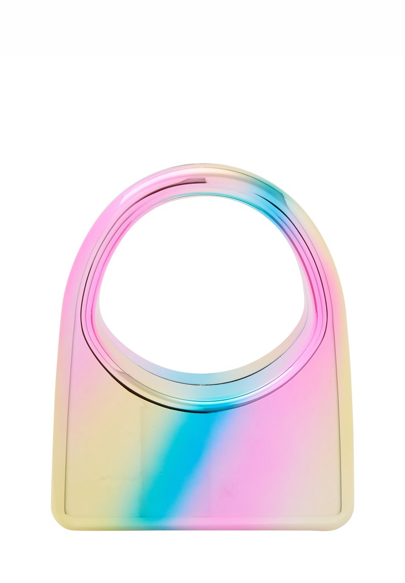 Gennemsigtig, rektangulær tote taske med en gradient af pink, blå og gul farver. Har et stort rundt håndtag og en glat, elegant tekstur.