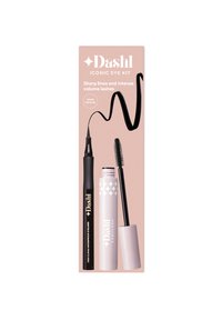 Dashl Iconic Eye Kit packaging features a light pink background. Includes a black eyeliner with a pointed tip and a white mascara tube with a patterned lid.