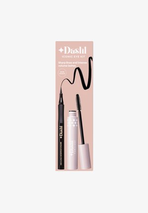 Dashl Iconic Eye Kit packaging features a light pink background. Includes a black eyeliner with a pointed tip and a white mascara tube with a patterned lid.
