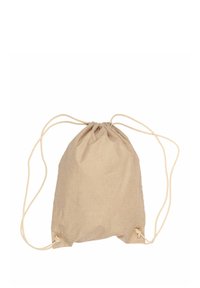 Borsa in tela a coulisse di colore beige chiaro, texture morbida, forma arrotondata, con due coulisse per la chiusura nella parte superiore e dettagli rinforzati sul fondo.
