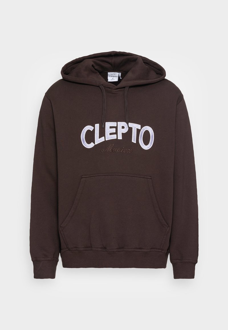 Sudadera con capucha marrón que presenta un gran logo blanco de "CLEPTO" y un pequeño detalle bordado de "Maniacx", con un bolsillo tipo canguro en la parte frontal.
